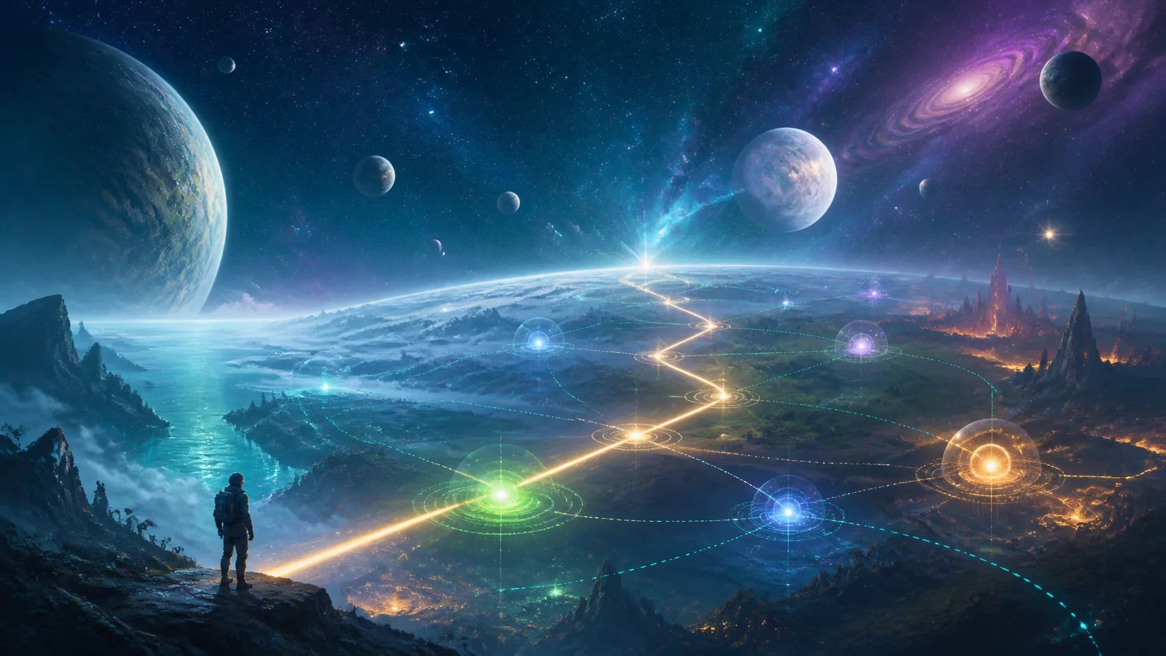 Original abstract illustration of a colorful science-fiction universe with a clear update route through planets and stars