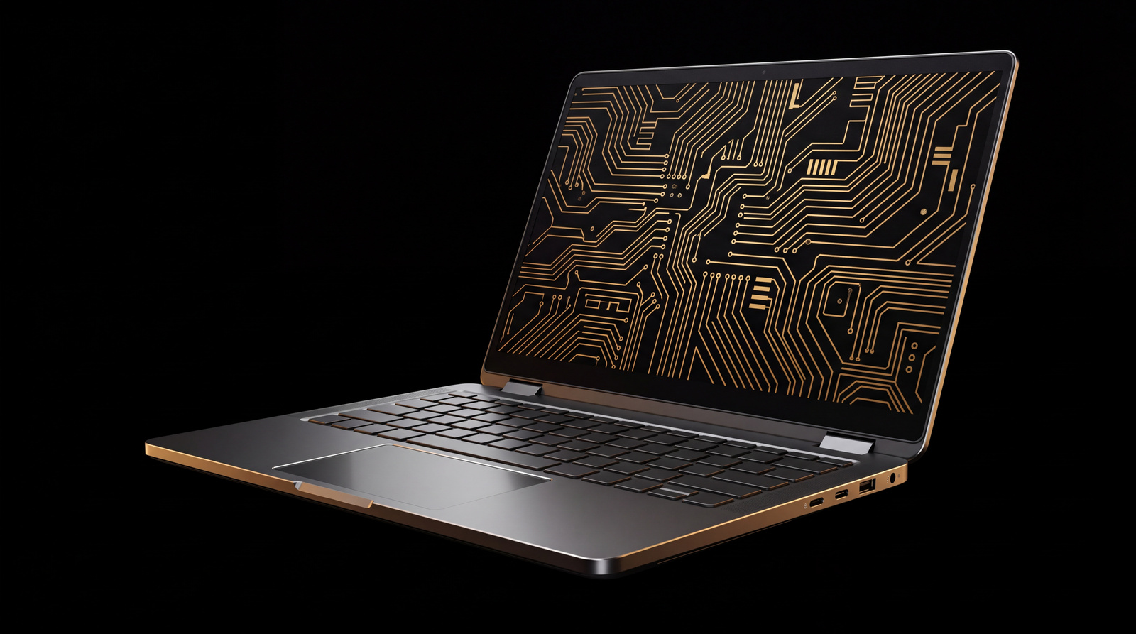 Amber circuitry and ivory reflections across an original graphite laptop.