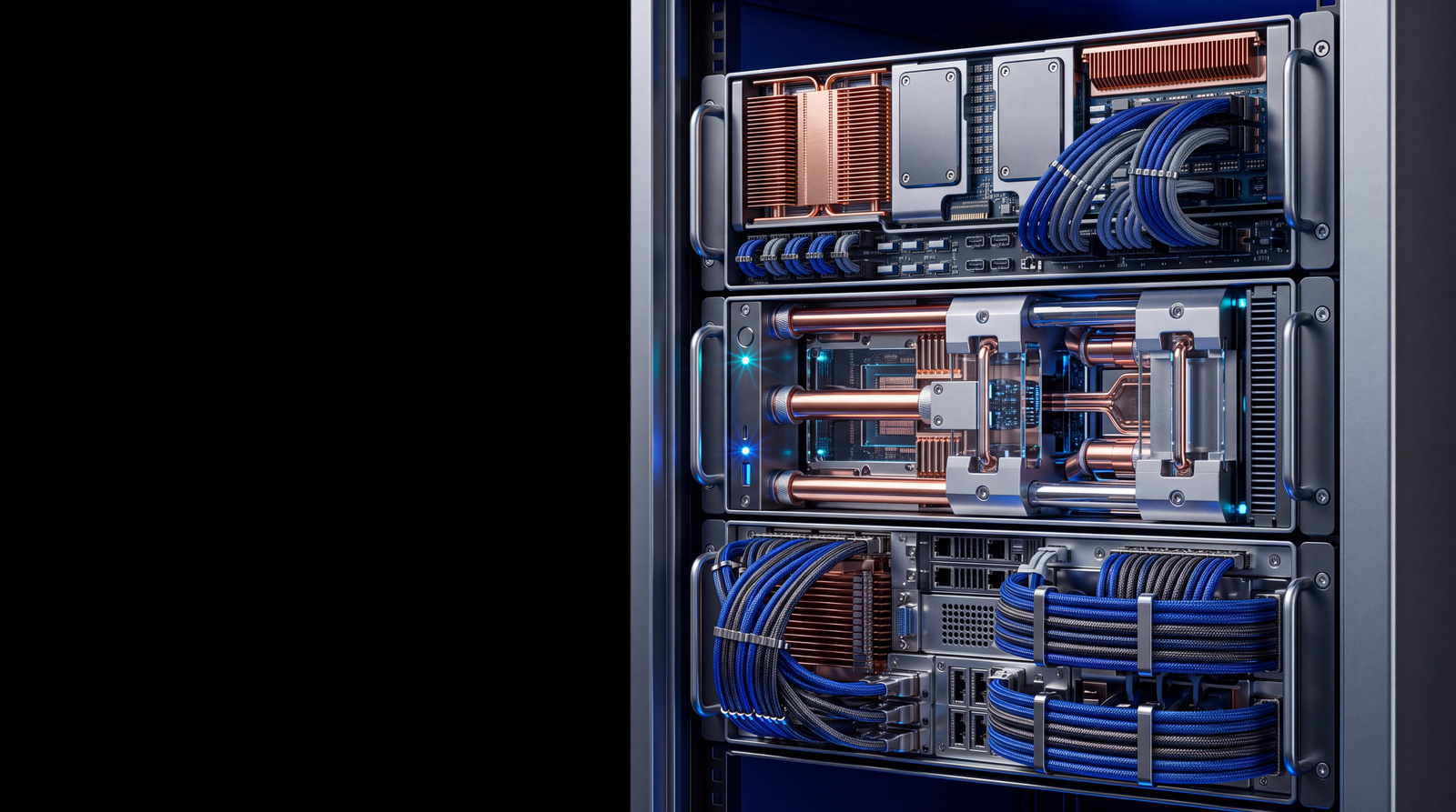 Cobalt cables, cyan light and copper cooling inside a detailed original server rack.