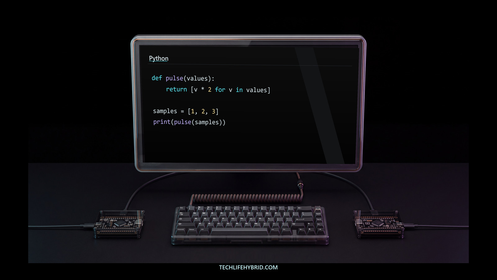 A clear Python program on a glossy workstation with restrained violet lighting.