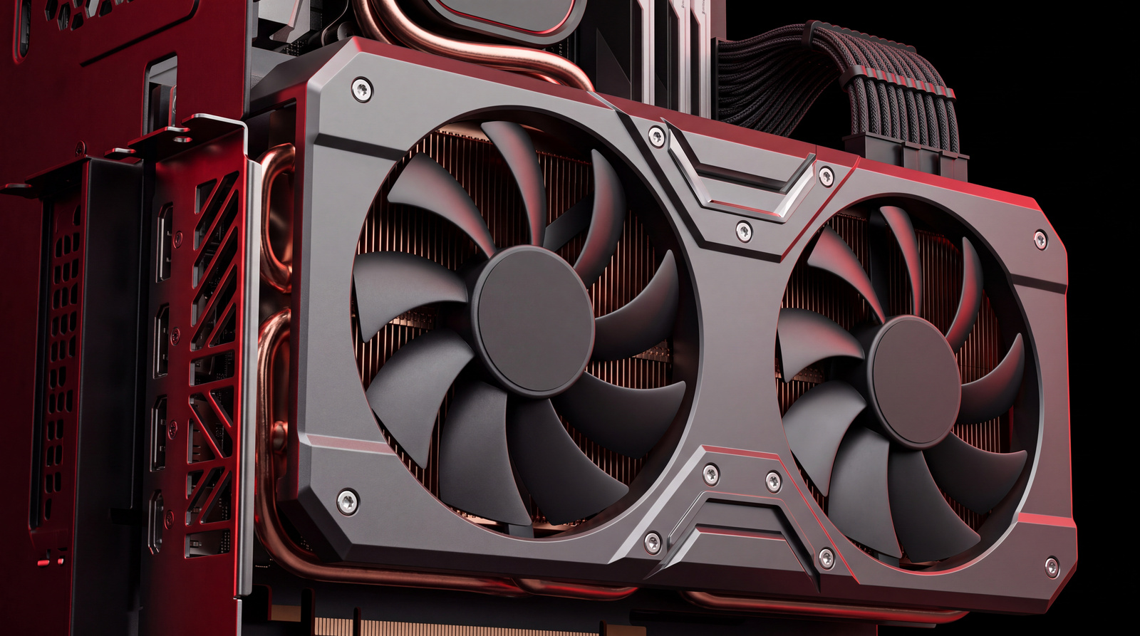 Ruby red reflections and two complete stationary fans, framed by a dark computer chassis.