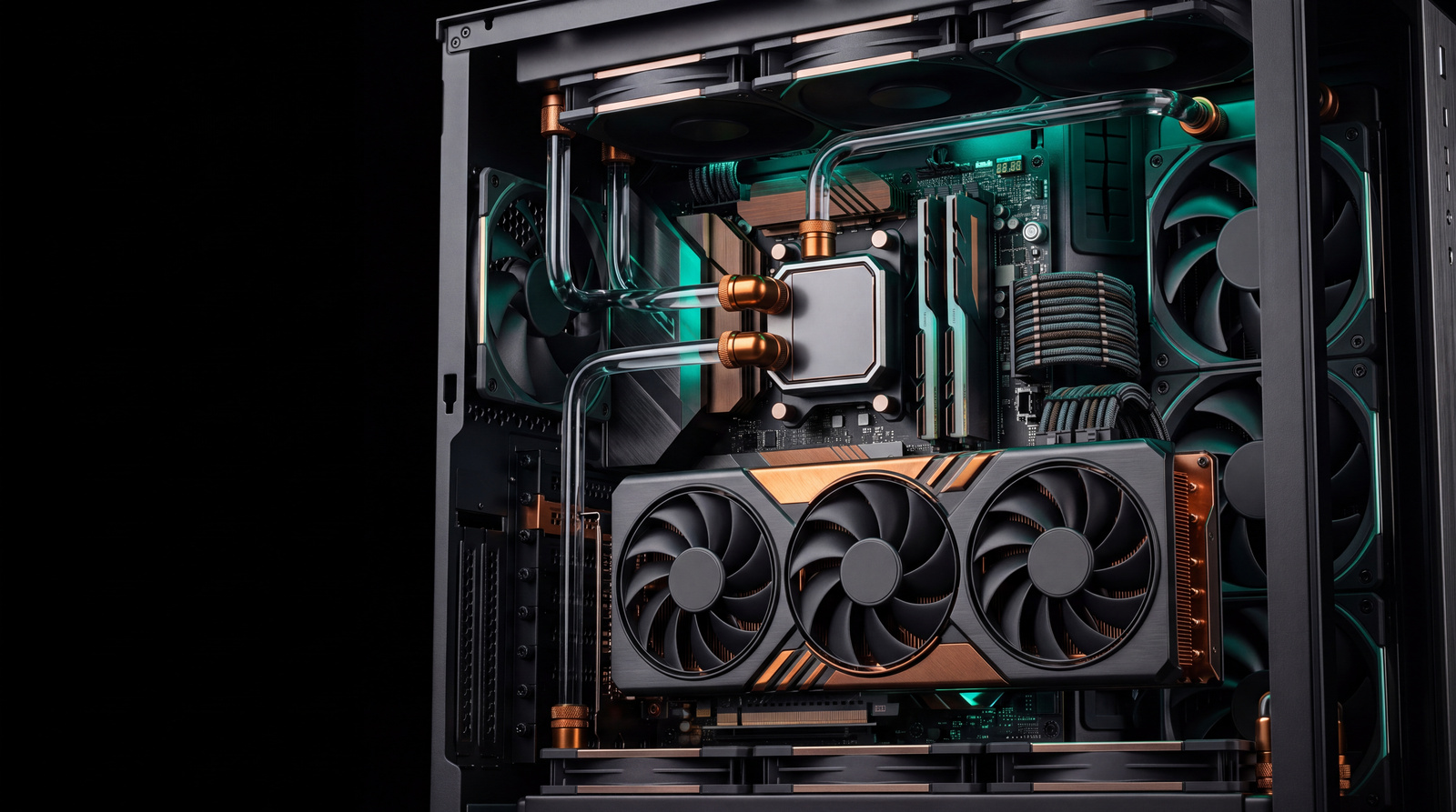 Emerald light, copper cooling and graphite hardware in a close gaming PC composition.