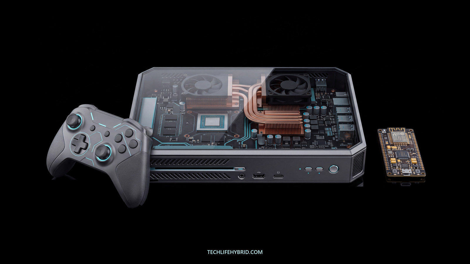 A transparent original gaming console, controller and exposed computer components.