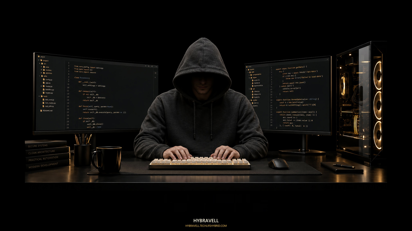 A hooded operator at an amber-lit coding workstation with a physical keyboard.