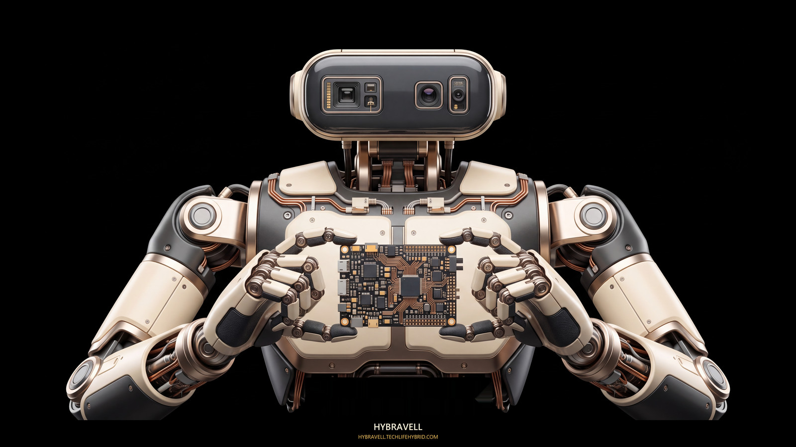 A centered cream and graphite robot holding a detailed circuit board.