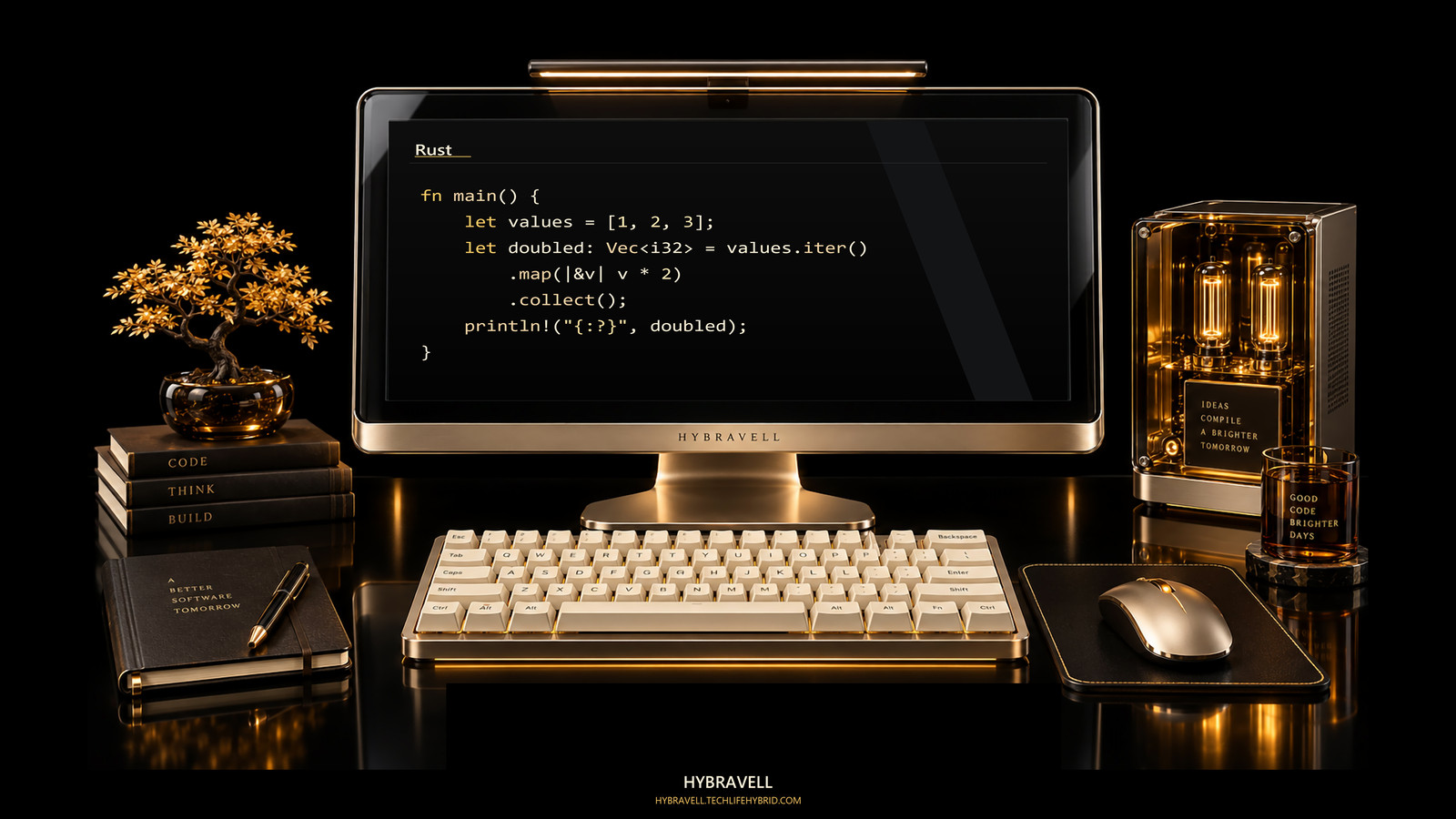 A warm amber Rust programming desk with glass display and physical keyboard.