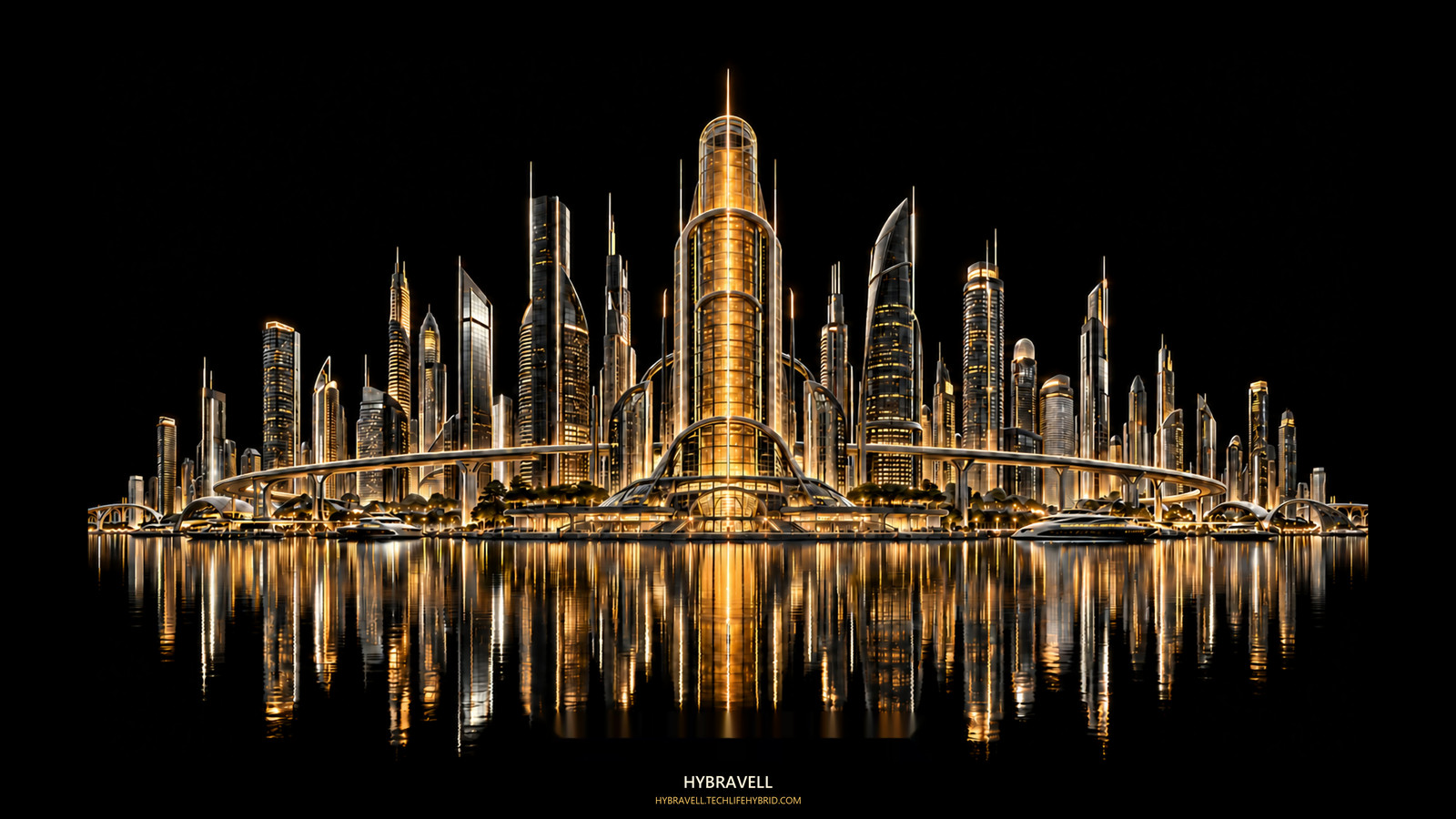An amber and cream future skyline over a black reflective surface.