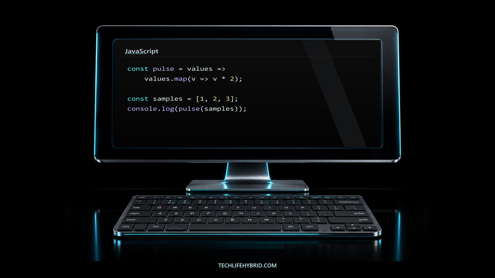 A JavaScript workstation with cyan glass edges, keyboard and crisp code.