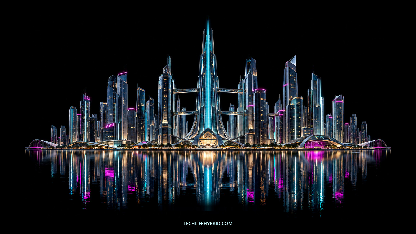 A centered blue and magenta future skyline with a sharp reflection on black.