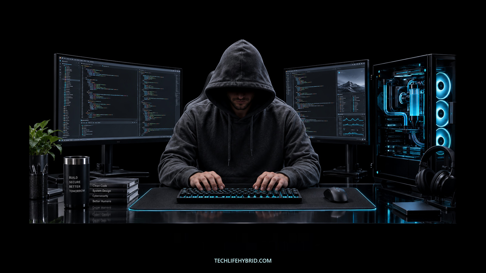 A hooded developer at a multiple-screen coding workstation on black.