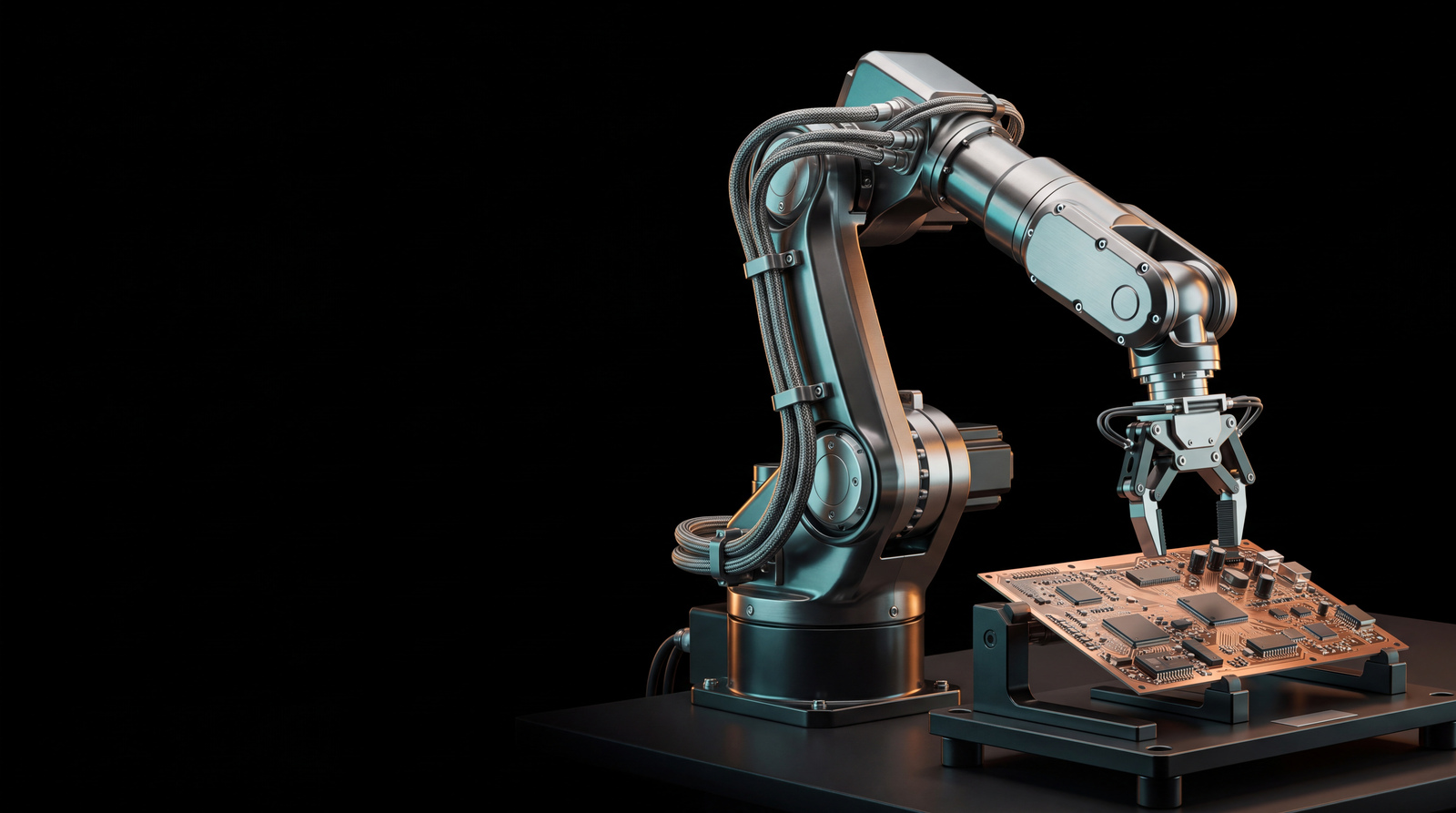 A substantial silver robotic arm with teal reflections assembling copper circuitry.