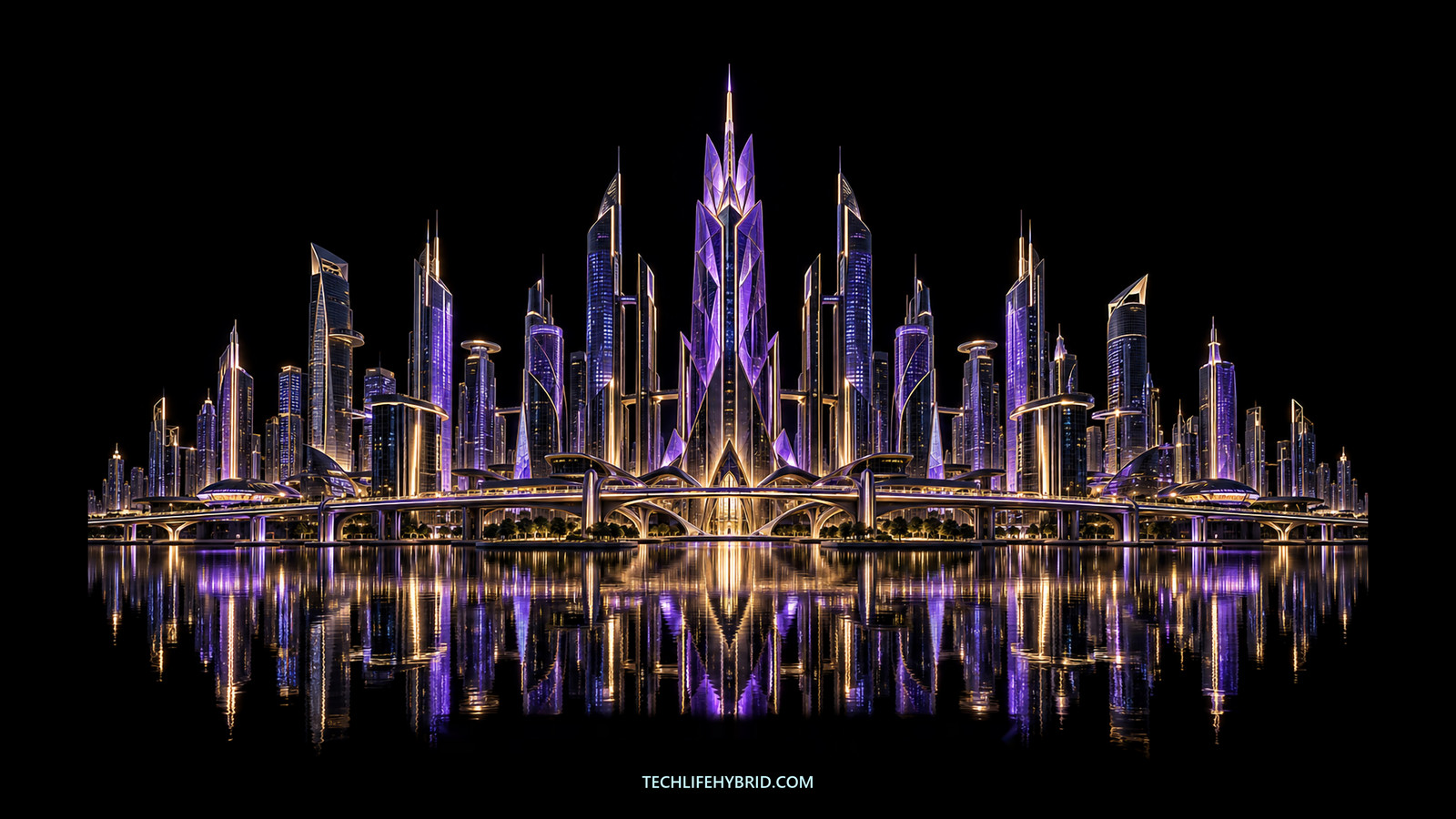 A violet and gold future skyline with precise glass towers and dark water.