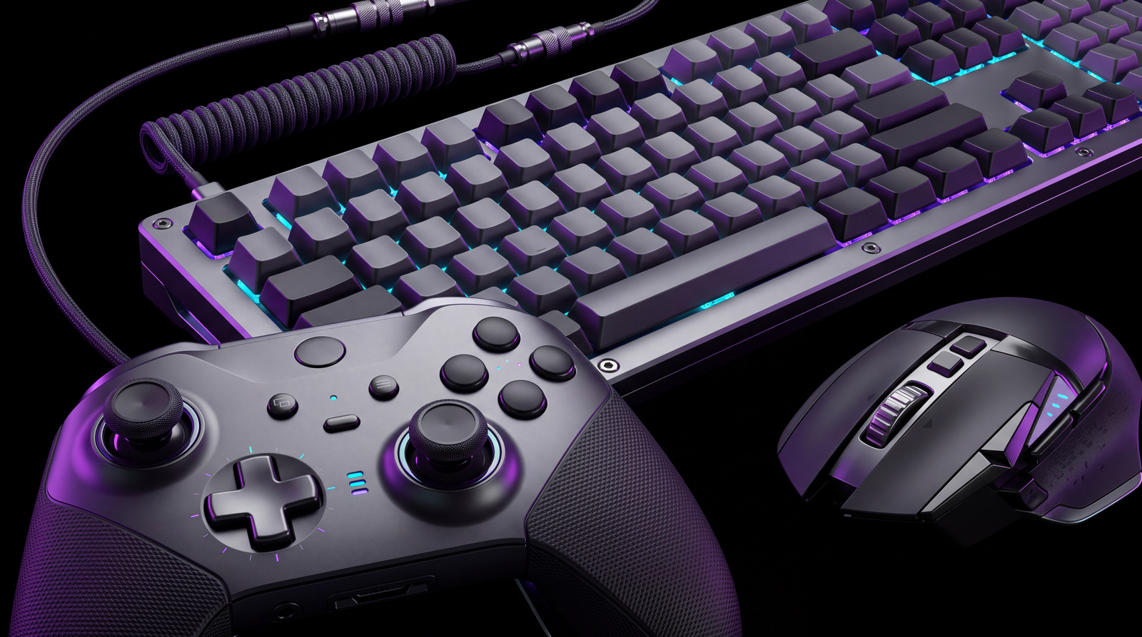 A violet and cyan gaming desk, with a blank-key keyboard, original controller and precision mouse.